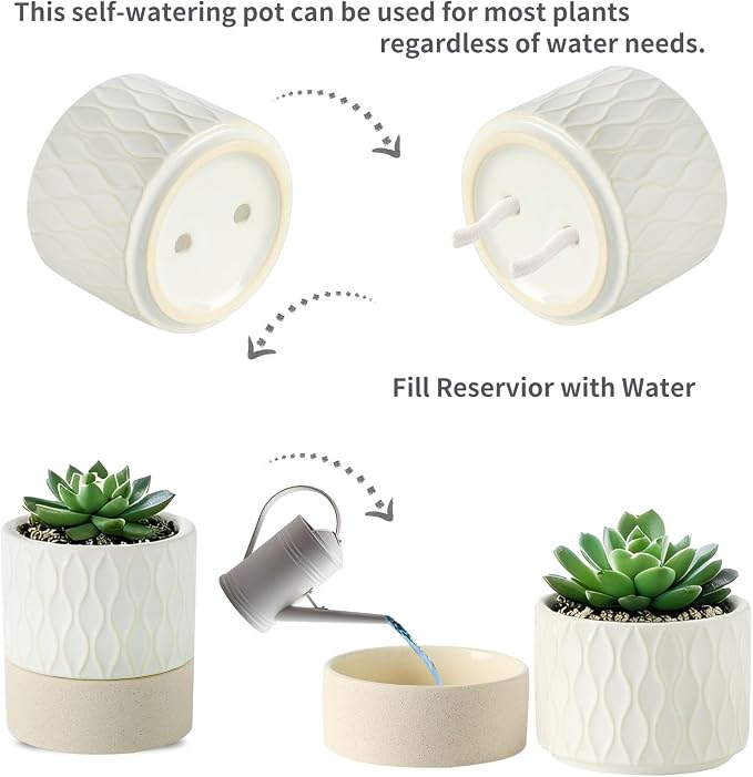 Nihow Ceramic Self Watering Plant Pot for Indoor Plants, 6 Inch,Cream White | Planter with Cotton Wick, Drainage Hole & Water Storage Plus, Cylinder Round Flower Pot, For Succulent/Herbs/Violets