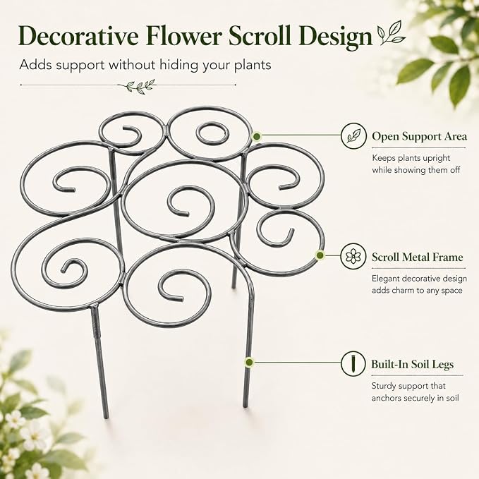 Plant Support Ring for Outdoor Plants, 17.32 x 17.32 in Metal Garden Stake, Decorative Peony Support Cage for Potted Flowers, Hydrangeas, Roses, 1 Pack