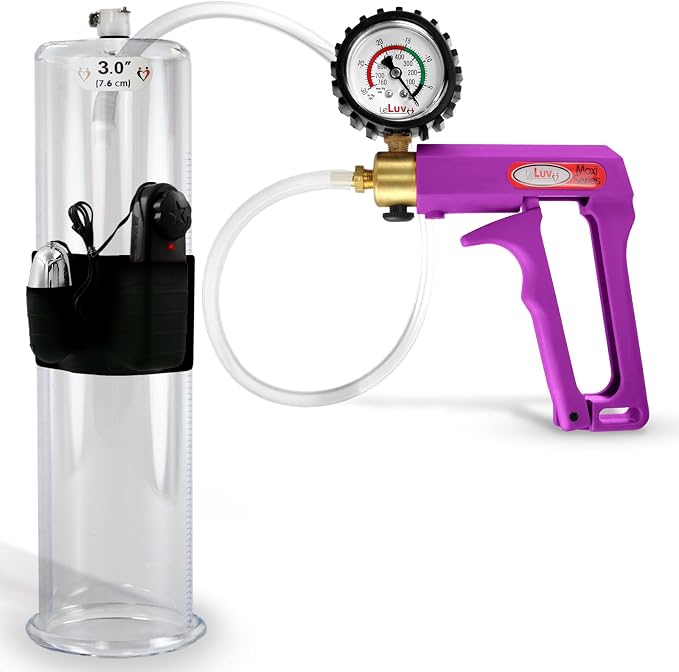 LeLuv Maxi Vibrating Penis Pump - Purple Handle + Clear Hose, Protected Gauge - 12" Length x 3" Diameter Round-Flange Cylinder