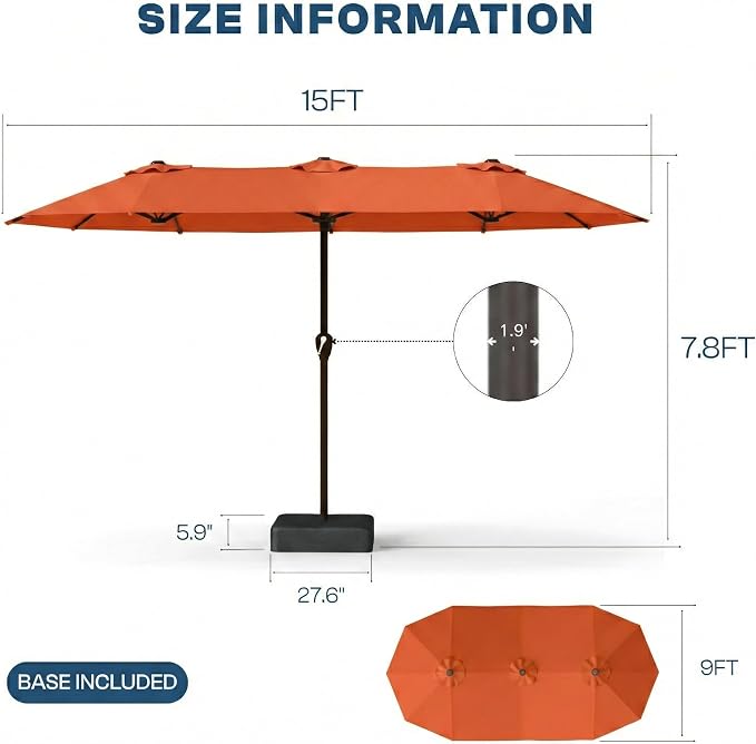 15FT Large Patio Umbrella with Base Included, Double Sided Outdoor Market Umbrella with Flexible Fiberglass Ribs, UV-Blocking Extra Large Umbrella for Garden, Pool, Deck, Terracotta