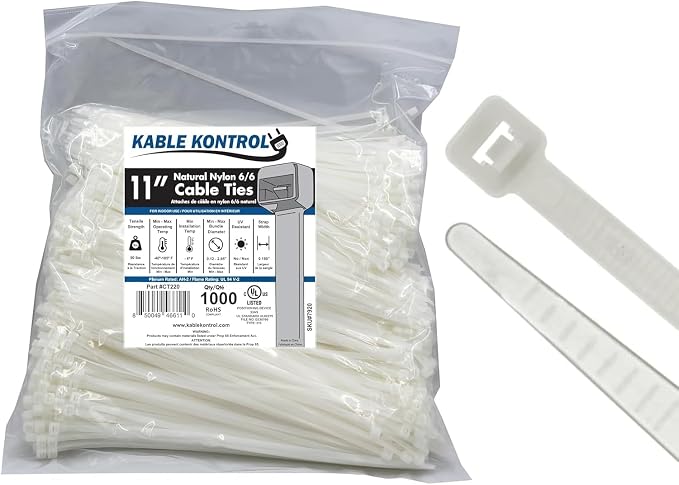 Kable Kontrol Cable Zip Ties Natural White 1000 Pcs 11 Inch, 50 Lbs Tensile Strength, Self-locking Natural Nylon Clear Plastic Wire Ties wraps for Indoor or Outdoor Use