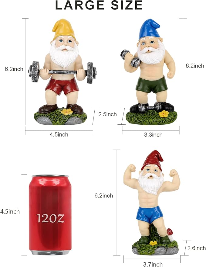Funny Workout Garden Gnomes Statues 3pcs 6.2 Inches Outdoor Muscular, Barbell and Dumbbell Gnomes Decorations Set Gnome Gifts for Yard Lawn Patio, Indoor Gnome Figurine for Home Tabletop