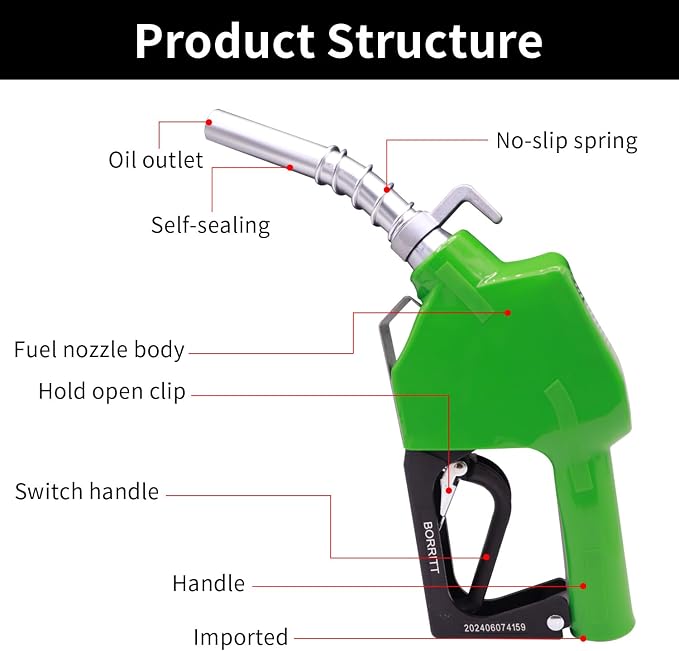 Green 3/4" Inch NPT Automatic Shut-Off Fuel Nozzle With Hook 13/16"Spout Max Flow Rate 16 GPM Perfect For Industry,Transportation Used for diesel,gasoline,kerosen