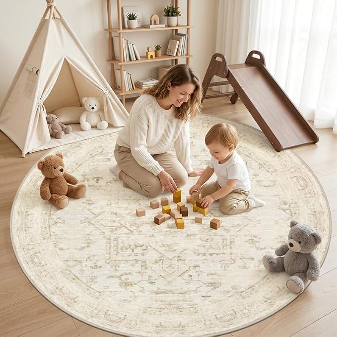 Round Area Rug Living Room: 6ft Washable Carpet Beige/Brown | Vintage Boho Circle Soft Large Circular Carpet Bedroom Nursery Neutral Dining Room Indoor Decor Floor Non-Slip Under Table