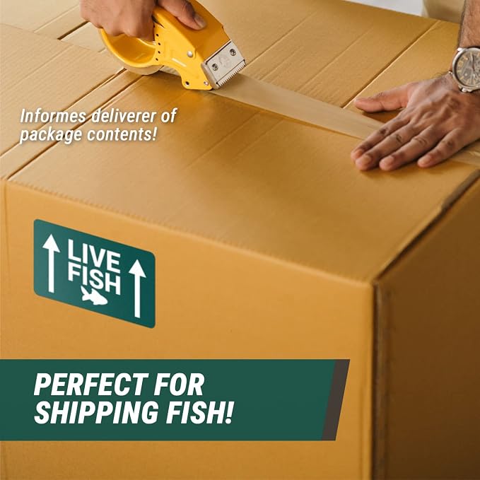 Live Fish Shipping Stickers (5 x 3 Inch, Green - 300 Labels) Live Fish Labels for Shipping & Handling, This Side Up Arrow Warning, Live Fish Shipping Supplies or Warning Stickers