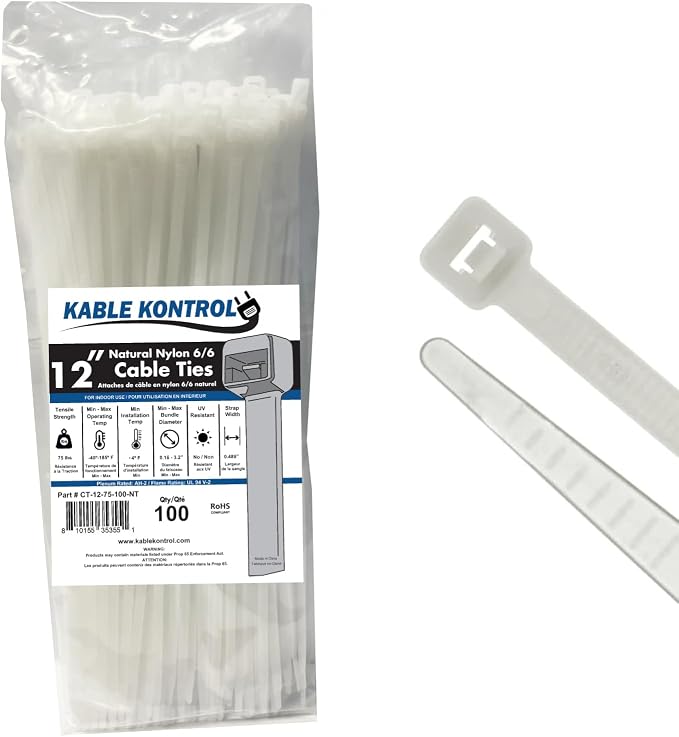 Kable Kontrol Zip Ties Natural White 12 Inch 100 Pcs, 75 Lbs Tensile Strength, Self-locking Nylon Cable Ties Wire Wraps for Indoor or Outdoor Use