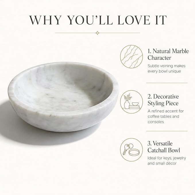 White Marble Decorative Bowl, 7.87-Inch | Natural Stone Catchall Bowl for Keys, Jewelry, Sunglasses and Small Decor, Coffee Table Centerpiece, Entryway Table