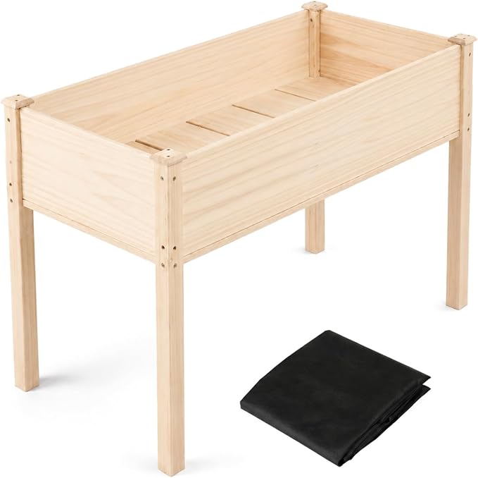 VINGLI 48.5"x22.5"x30" Elevated Raised Garden Bed with Bed Liner, Heavy Duty Wood Planter with Legs for Vegetables Fruits Potato Flower, Outdoor Sturdy Long Lasting Planter Box (Nature - no Wheel)