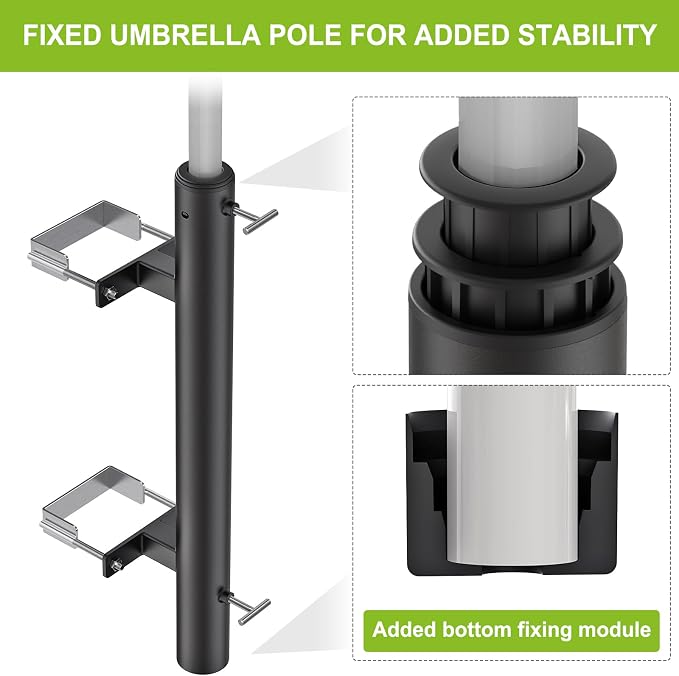 Dolibest Heavy Duty Patio Umbrella Holder, Steel Deck Clamp Holder up to 2'' Poles, Deck Mount Umbrella Holder, Space Saving Design, Attaches to Railing Max Width 4 inch, Easy Installation