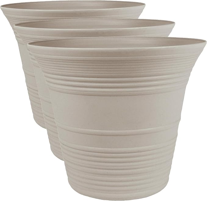The HC Companies 12 Inch Sedona Round Self Watering Planter - Decorative Lightweight Plastic Plant Pot for Indoor Outdoor Plants Flowers Herbs, Cottage Stone (Pack of 3)