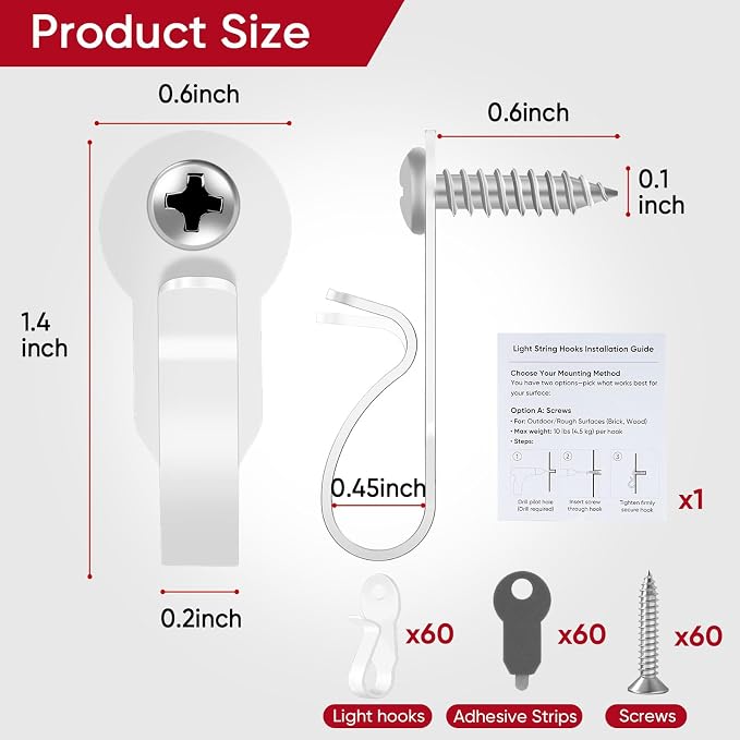 60 Pack Hooks for Outdoor String Lights Clips, Metal Heavy Duty String Light Hook with Screw & Adhesive Strips, Christmas Light Clips for Outside or Indoor Holiday Decor, Fairy Led Lights, Etc. White