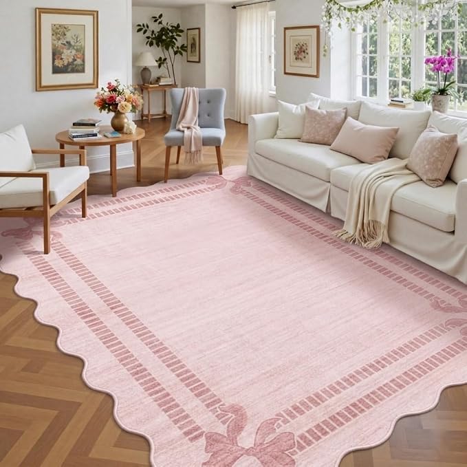 Latte&Fog Washable 6x9 Area Rugs for Living Room Scalloped Pink Rugs Girls | for Dining Kitchen Kids Nursery Playroom Guest Room Classroom Dorm Farmhouse Office, Non Slip Low Pile Soft Bow Carpets