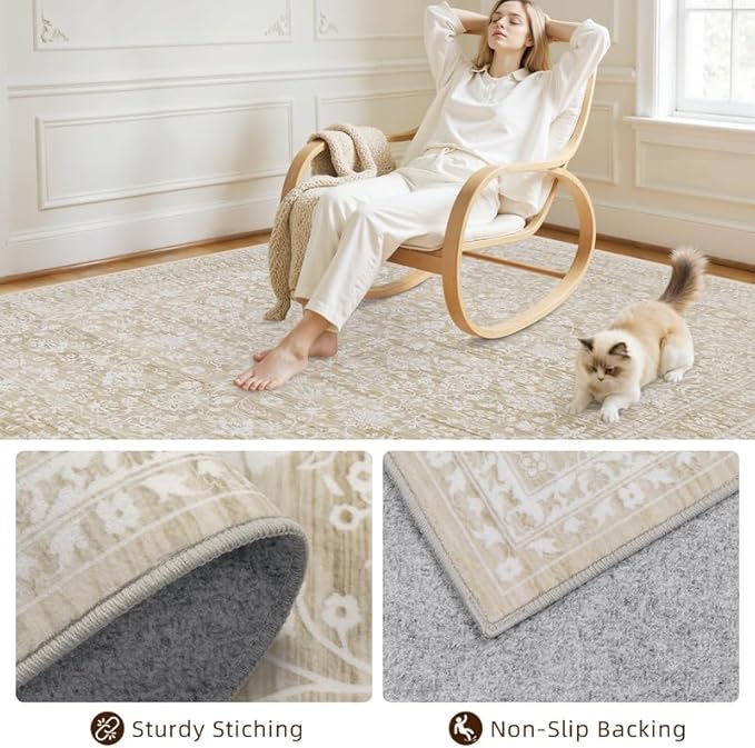 6x9 Area Rugs Living Room: Bedroom Washable Carpet Natural Beige | Large Vintage Boho Indoor Decor Carpets Soft Nursery Farmhouse Dining Room Office Floor Non-Slip Low Pile Under Table Rug