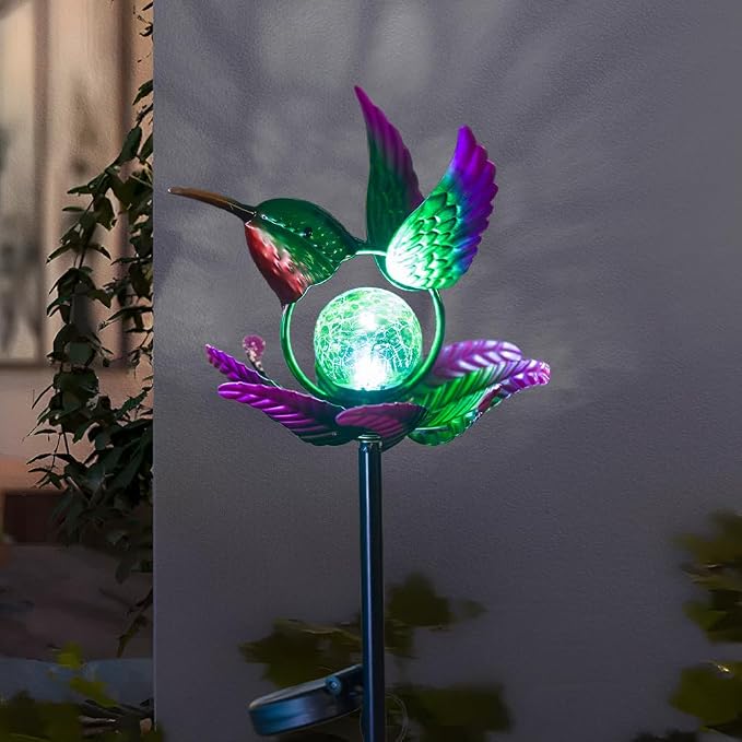Solar Wind Spinners Outdoor,Green Hummingbird Garden Wind Spinner for Yard Art Lights,Waterproof LED Cracked Glass Ball Pinwheel for Outdoor Yard Lawn Patio Decorations