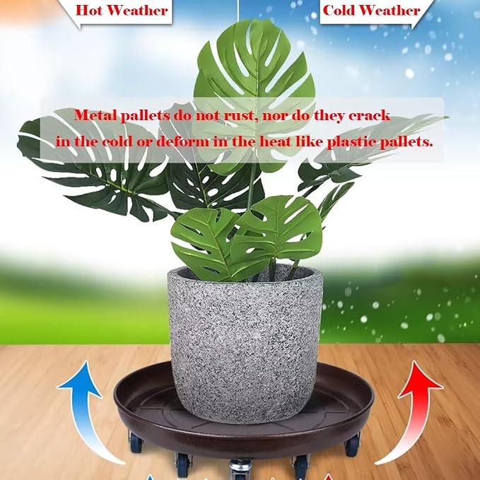 ARTLINE 12" Round Plant Stand with Lockable Wheels, 200lbs Heavy Duty for Indoor Outdoor, Large Rolling Dolly Planter Caddy on Casters to Carry Potted Flower Pot, Round Metal Tray NO Holes, 2 Pack