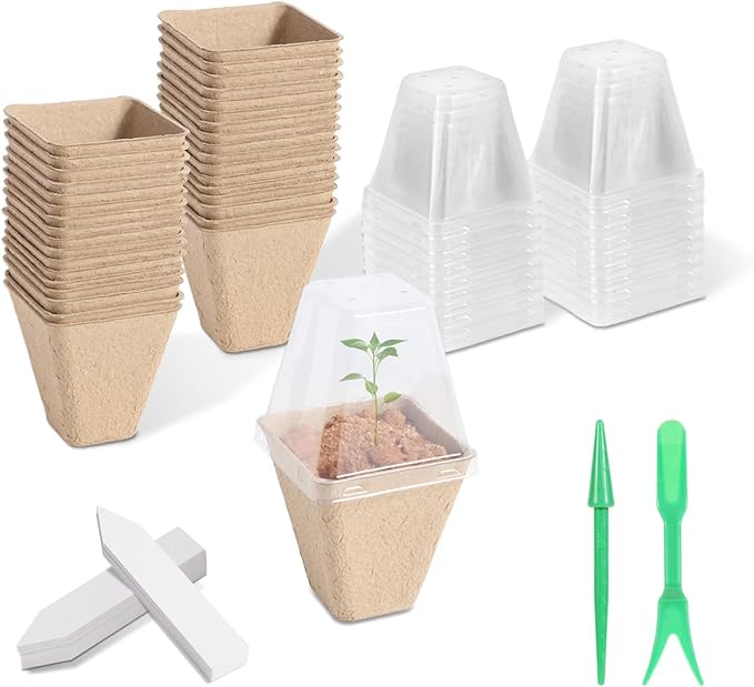 KOAMLY 36 Pcs 3in Square Peat Nursery Pots, Biodegradable Herb Seed Nursery Pot Kits, Seedling Pots, Outdoor Garden Sprouting Peat Pots with 36 Plant Tags
