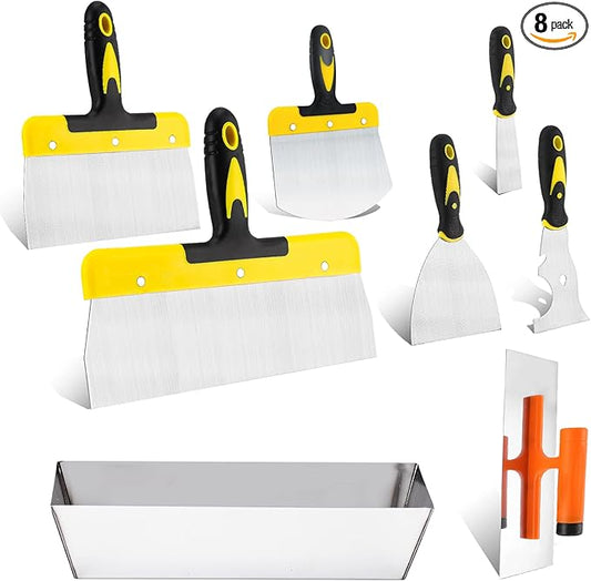 DEKEones Drywall Knife Set, 8 Pieces Stainless Steel Drywall Hand Tool Kit Includes Taping Knives, Putty Knives, Finishing Trowel, Mud Scoop and 12" Mud Pan with Ergonomic Handles for Drywall Work