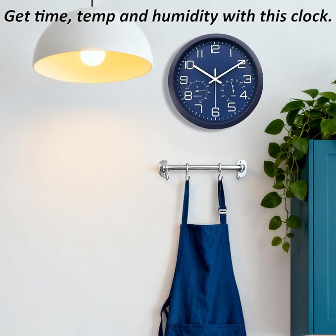 12 Inch Analog Wall Clock with Temperature and Humidity, Battery Operated Non-Ticking Silent Tempered Glass Large Numbers Clocks for Living Room Bedroom Office Kitchen Farmhouse Outdoor, Blue