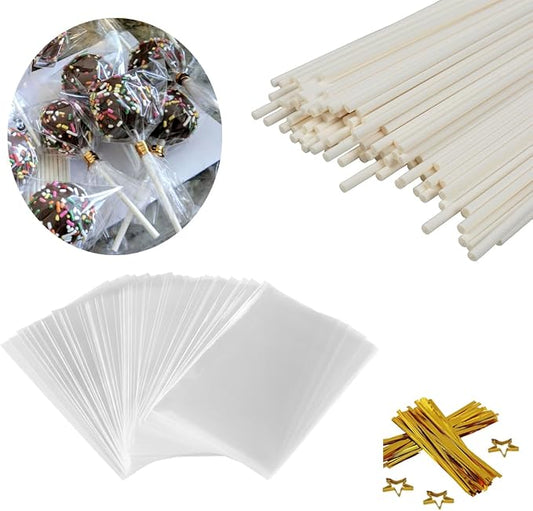 COOLAKE 600 PCS Cake Pop Sticks and Wrappers Kit, Including 200 Pcs 6 inch Paper Lollipop Sticks, 200 Pcs Clear Treat Bags Twist Ties for Cakepop, Lollipop, Hard Candy, Suckers, Chocolate