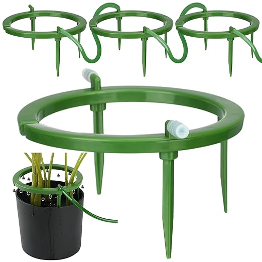 Tujoe 4 Set Drip Irrigation Ring Water Ring 3 Leg Support Drip Emitter with 1/8 Inch Barbed Inlet Fitting Removable Stakes for Grow Media Irrigation System Rain Watering Tree Plants (5 Inch)