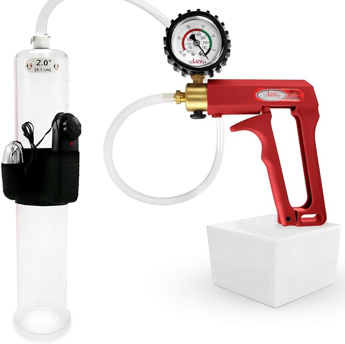 LeLuv Vibrating Penis Pump Maxi Red Handle + Protected Gauge - Bundle with Clear Hose - 12 inch Length x 2 inch Diameter Cylinder