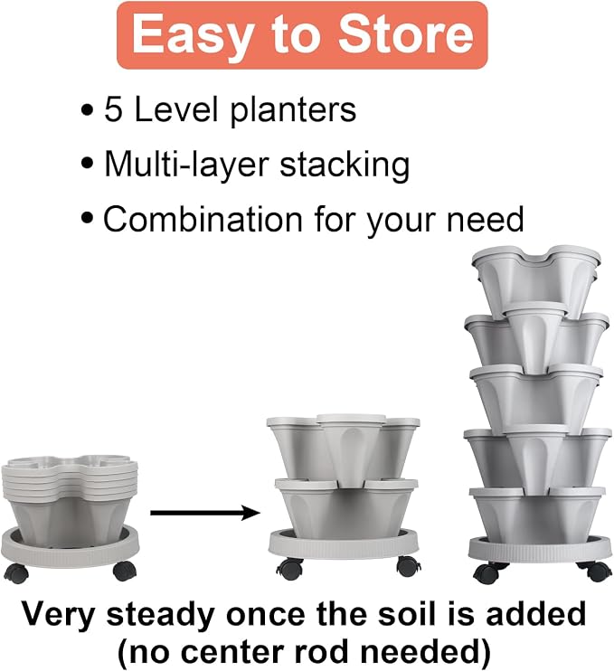 DUNCHATY Stackable Planter, Vertical Garden Planter with Wheels and Tools, Self Watering Strawberry Planter Indoor/Outdoor 3 Tier Herb Planter Pots for Growing Vegetables and Succulents,Gray
