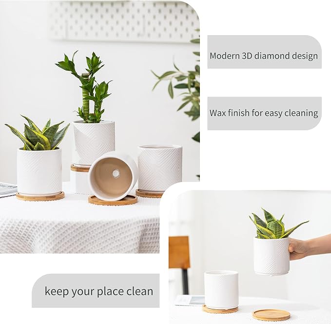 4” Ceramic Planter Pots with Drainage Hole&Saucer Set of 4 | Geometry Design Succulent Plant Flower Pot for Indoor & Outdoor Snake Plant Succulent Cactus & Herbs (Plants Not Included )