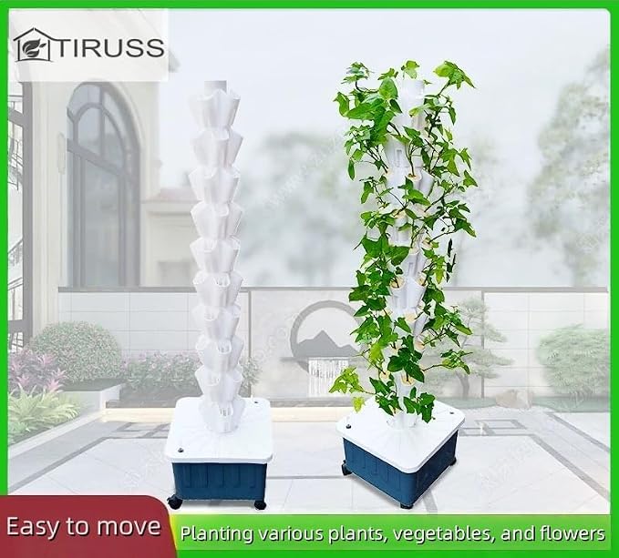 TIRUSSS Hydroponic Growing System Kit, Aeroponic Tower 50 Hole Garden Vertical Vegetable Planting System with Pump and Mobile Water Tank