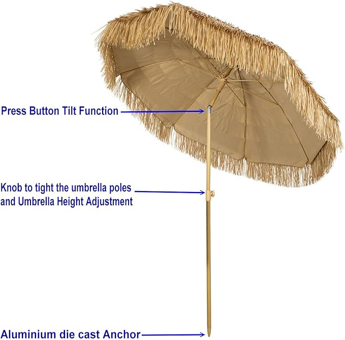 Hula Thatched Tiki Umbrella Tropical Palapa Raffia Tiki Hut Hawaiian Patio Umbrella with Fringe Boho Parasol 6' 8' & 9' Options