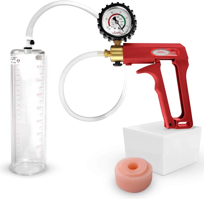LeLuv Penis Pump Maxi Red Handle + Protected Gauge - Bundle with Clear Hose, Silicone Donut Seal - 9 inch Length x 2.25 inch Diameter Cylinder