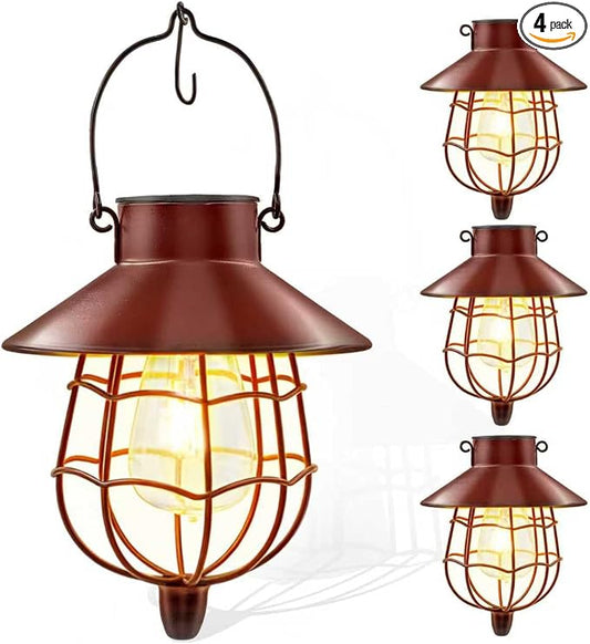 4 Pack Solar Lantern Outdoor Waterproof, Metal Solar Hanging Lamp with Warm White Bulb,Solar Lights Outdoor Design for Garden Yard Patio Proch Decor