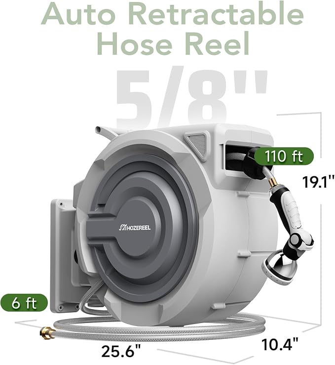 5/8" x 110 FT Retractable Garden Hose Reel by HOZEREEL, UV Resistant Hose Reels - Automatic Slow Self Retract Wall Mount Hose Reel Enclosed Storage, Any Length Lock 180° Swivel, 10 Pattern Nozzle