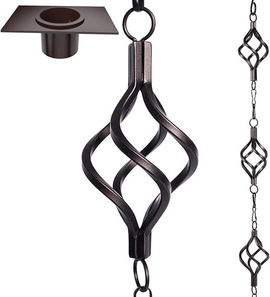 Rain Chain Bird Cage Set 8.5Ft, Not Rust Wrought Iron Rain Chains for Gutters with Adapter Gotta Drain and Sturdy Anchoring Stake,13 Cups, 1 Hook, Adjustable Length for Garden Decorative (Coffee)