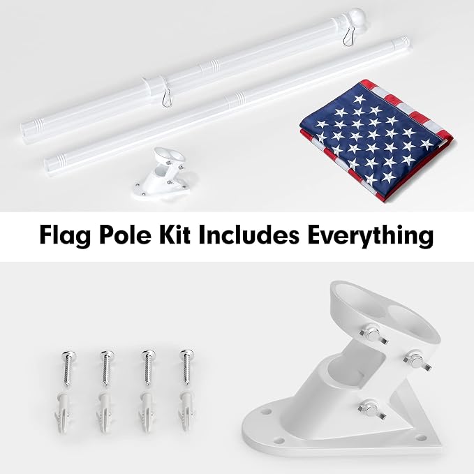 American Flag with Pole for House, 5FT Flag Pole Kit with us flag 3x5 heavy duty outdoor indestructible, Tangle Free Flag Pole with Bracket for Residential, Commercial, Outdoors Garden, White