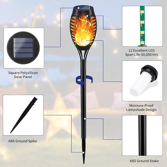 KYEKIO Solar Torch Light with Flickering Flame, 12Pack Solar Lights Outdoor, Solar Garden Lights Outdoor Waterproof, Luces Solares para Exteriores, Outside Lighting for Pathway Yard Patio Decorations