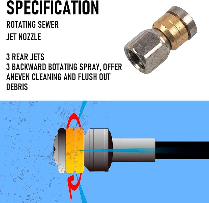 Xiny Tool Sewer Jetter Kit for Pressure Washer 150FT, 4000 PSI Drain Cleaner Hose 1/4 Inch NPT, Corner Rotating and Button Hose Sewer Jetting Nozzle Pearl Corsage Pin Tape Handle Strap Spanner, Blue