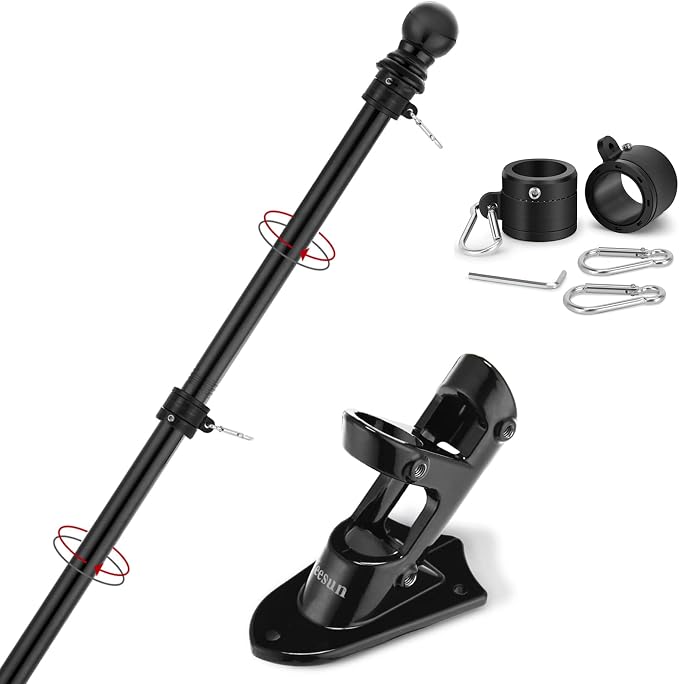 Yeesun Flag Pole,6FT American Flag Pole & Bracket-Flagpoles for 3 x 5 Flags Holder for House Porch & Outdoor,Tangle Free and Wall Mount Flag Pole Kit (Without flag,Black)