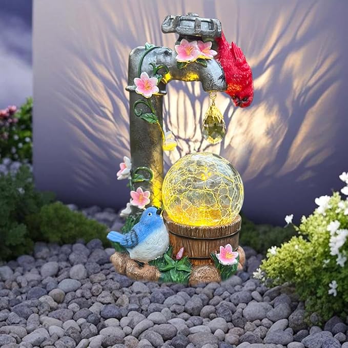Solar Cardinal Garden Statue Decoration, Water Faucet and Solar Light Glass Ball, Outdoor Resin Garden Statue, Cardinal Gift, Women's Mother's Birthday Gift, Size 9.45 inches