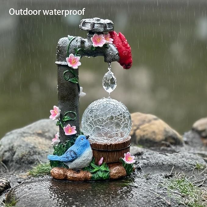 Solar Cardinal Garden Statue Decoration, Water Faucet and Solar Light Glass Ball, Outdoor Resin Garden Statue, Cardinal Gift, Women's Mother's Birthday Gift, Size 9.45 inches