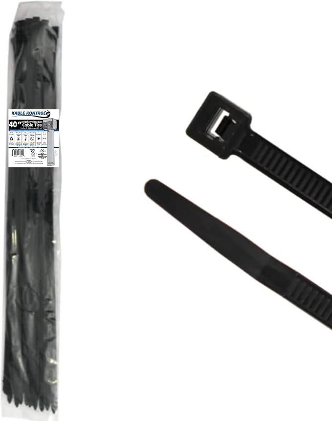Kable Kontrol Heavy Duty Cable Zip Ties 50 Pcs 40 Inch Black, 250 Lbs Tensile Strength, Self-locking UV Resistant Plastic Nylon Wire Ties, for Indoor or Outdoor Use