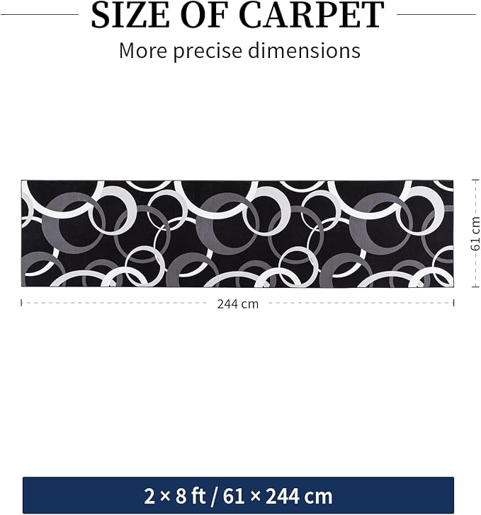 Washable 2x8 Hallway Runner Rug Non Slip, Black and White 8ft Rug Runners for Bathroom Kitchen Non Skid, Geometric Circle Modern Carpet Runner for Entryway Bedroom