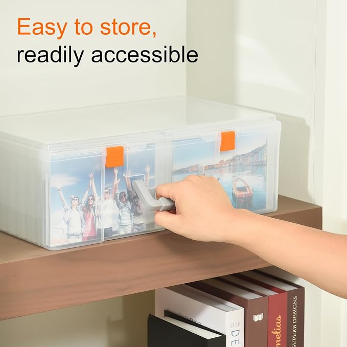 18-Pack Extra Large 5 x 7 Photo Storage Box, Fully Transparent Acid-Free Picture Organizer Case, Clear 5 x 7 Greeting Card Holder & Seed Packet Organizer, Large Craft Keeper with Handle