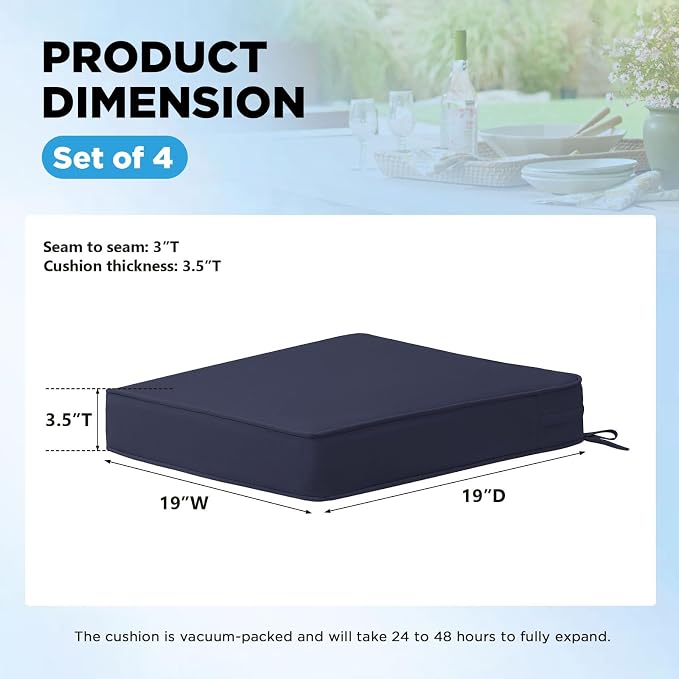 18.5 x 16 Inch Sunbrella Outdoor Chair Cushions with Tie Straps, Set of 4 Thick Water Repellent Rectangle Patio Chair Pads for Garden Lawn Patio Furniture, Canvas Navy