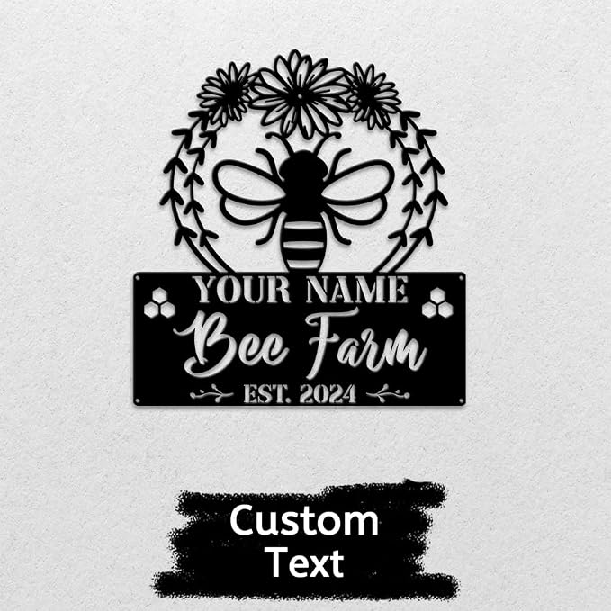 MeMate Bee Farm Flowers Sign, Custom Name Sign Metal for Bee Lovers, Garden Sign to Personalize, Bee Garden Art Decorations, Personalized Bee Sign, 8-24 inches Large Metal Sign, Gift for Beekeeper