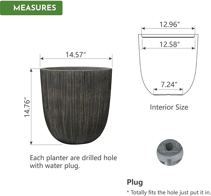 Vintage Black Faux Cement Ribbed Planter, 14.8"H Tall Tapered Egg-Shaped Plastic Plant Pot with Drainage Hole & Plug, Large Modern Indoor Outdoor Flower Pot for Home, Garden, Patio and Houseplants