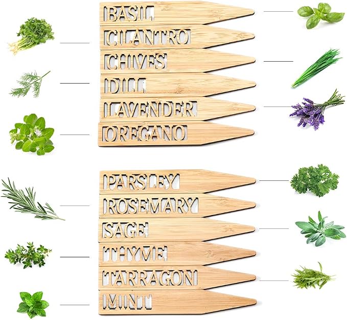 Bamboo Herb Markers - Set of 12 Beautiful Garden Labels - Sturdy Outdoor Garden or Potted Herb Markers