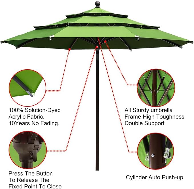 EliteShade USA 10-Year-Non-Fading 11ft 3-Tier Market Patio Umbrella, Commercial Grade Outdoor Table Umbrella with Cylinder Push-Up, Windproof & UPF 50+ UV Protection, Heavy Duty Ventilation for Garden, Deck, Pool, Backyard, Beach & Bistro, Macaw Green