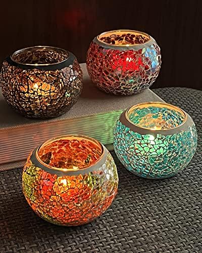 SHMILMH Mosaic Glass Candle Holder Set of 4, Votive Candle Holders Handmade Cracked Tealight Holders for Fall Christmas Diwali Home Decorations, Diwali Gift by SHMILMH
