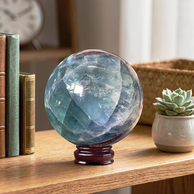 2.4-2.8 inch Natural Fluorite Crystal Ball with Stand, Hand Polished Rainbow Fluorite Divination Sphere, Reiki Healing Stone Ball, Home Art Decor Ornament, Spiritual Collectible Gift