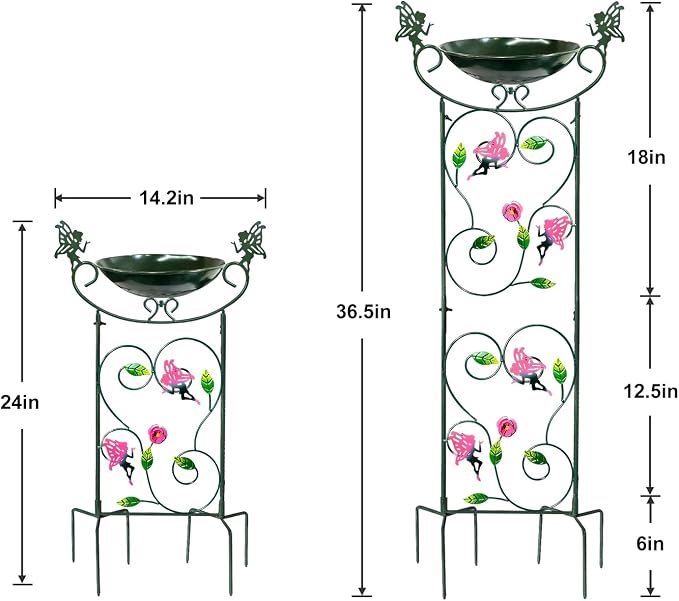 HONGLAND 36.5" Metal Bird Bath with Trellis, Outdoor Garden Birdbath with Detachable Bowl & Climbing Plant Support, Decorative Bird Feeder Station with Fairy for Yard, Patio, Fence